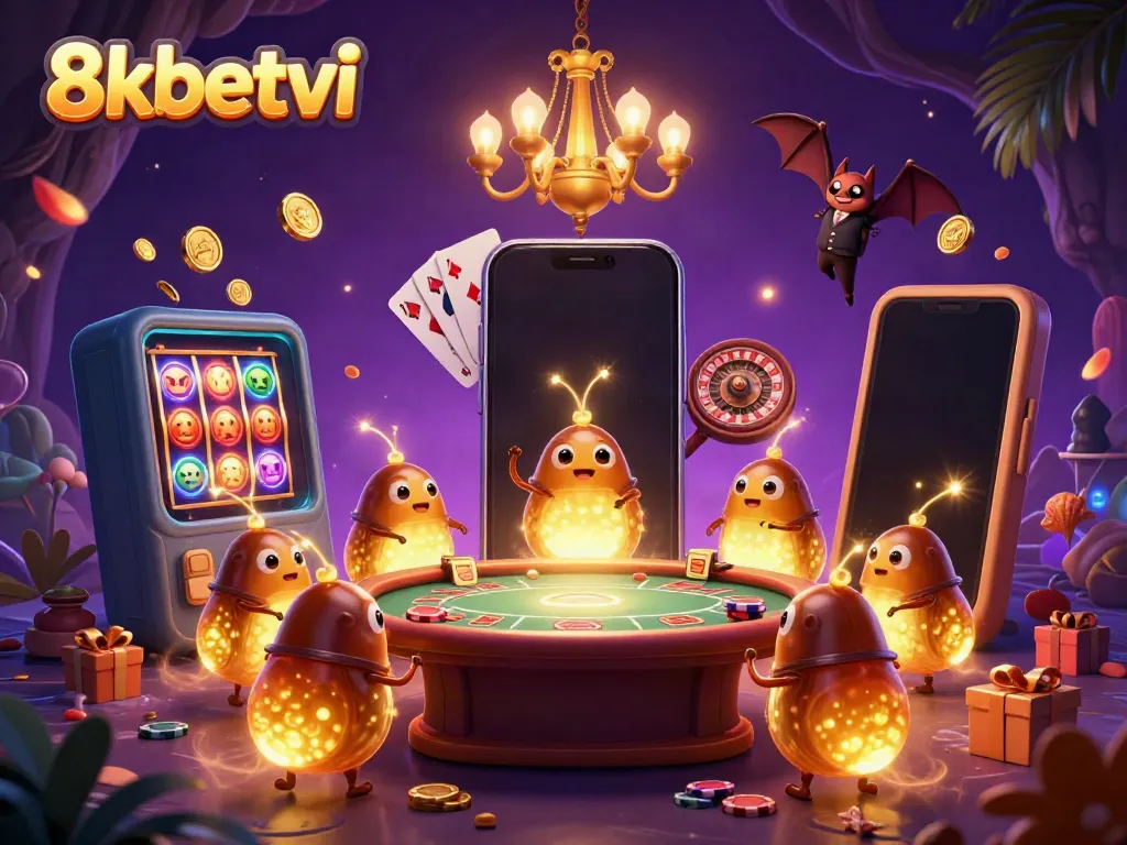 Experience the vibrant atmosphere of 8xbetvi casino with bioluminescent glowworms illuminating action and excitement.