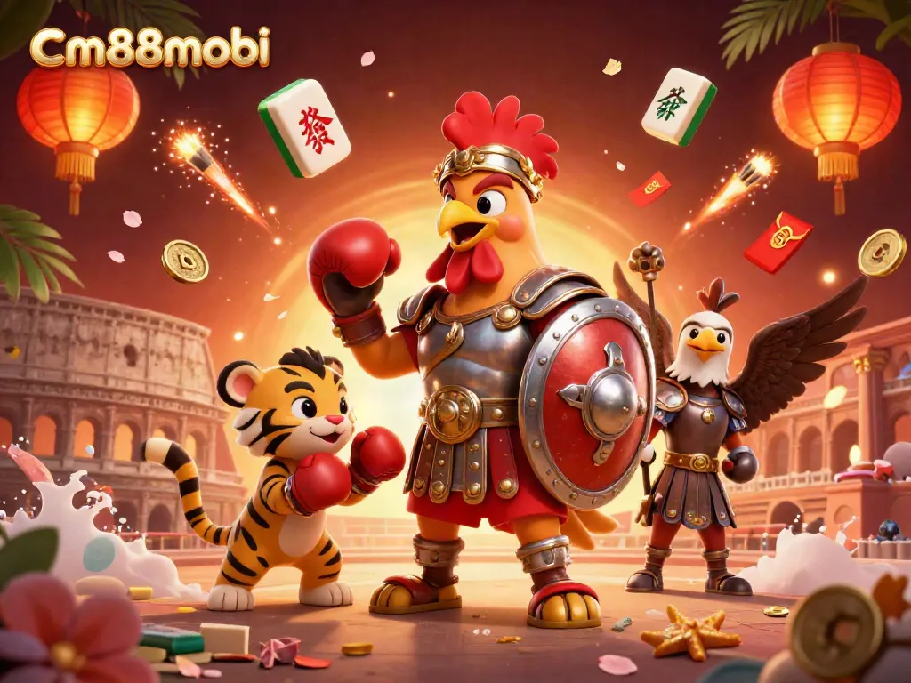 Engage with cm88mobi's immersive online casino experience featuring an animated rooster and roaring gameplay.