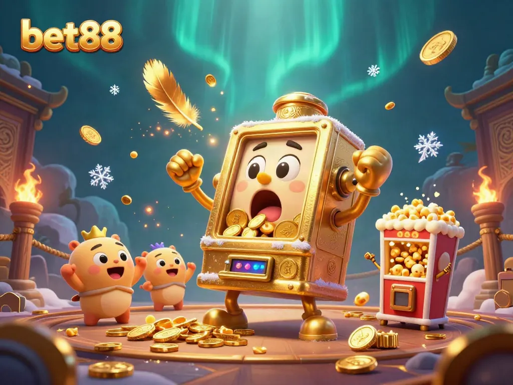 Engaging bet88 slot machine surprised by jackpot coins pouring out, creating a vibrant casino atmosphere.