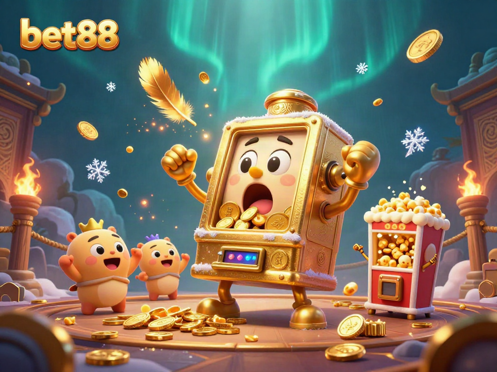Engaging bet88 slot machine surprised by jackpot coins pouring out, creating a vibrant casino atmosphere.