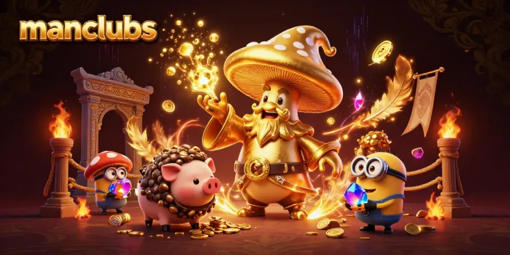 Engage with manclubs' magical gaming world featuring golden treasures and enchanted characters.