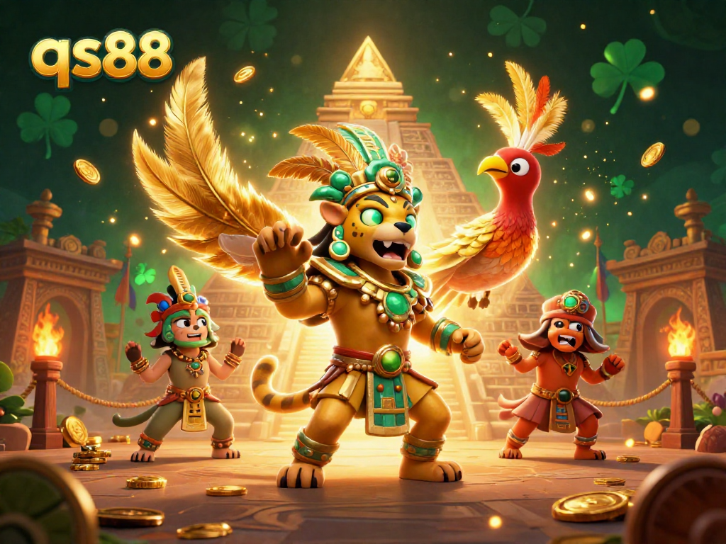Engage in thrilling action at qs88 with vibrant Mayan-themed casino illustration featuring colorful characters and dynamic game elements.