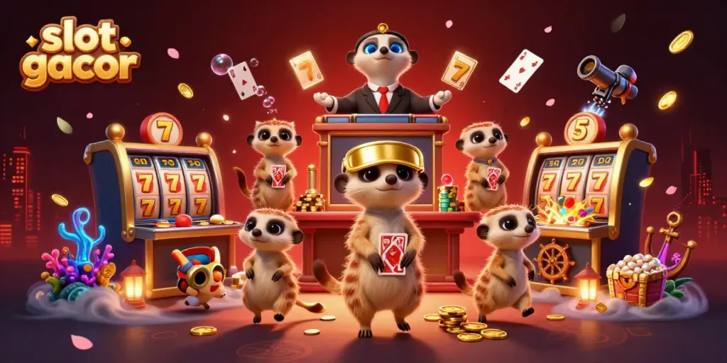 Gambarkan slot gacor dengan meerkat menjalankan kasino penuh warna dan dinamis yang dikelilingi koin emas.