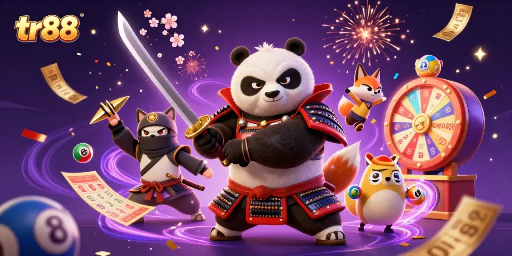 Join the fun at tr88 with a vibrant scene of samurai panda, ninja fox, and magical tanuki in an engaging lottery atmosphere.