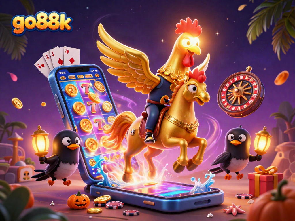 Engage with go88k's vibrant casino scene featuring a golden rooster and dynamic gaming elements.