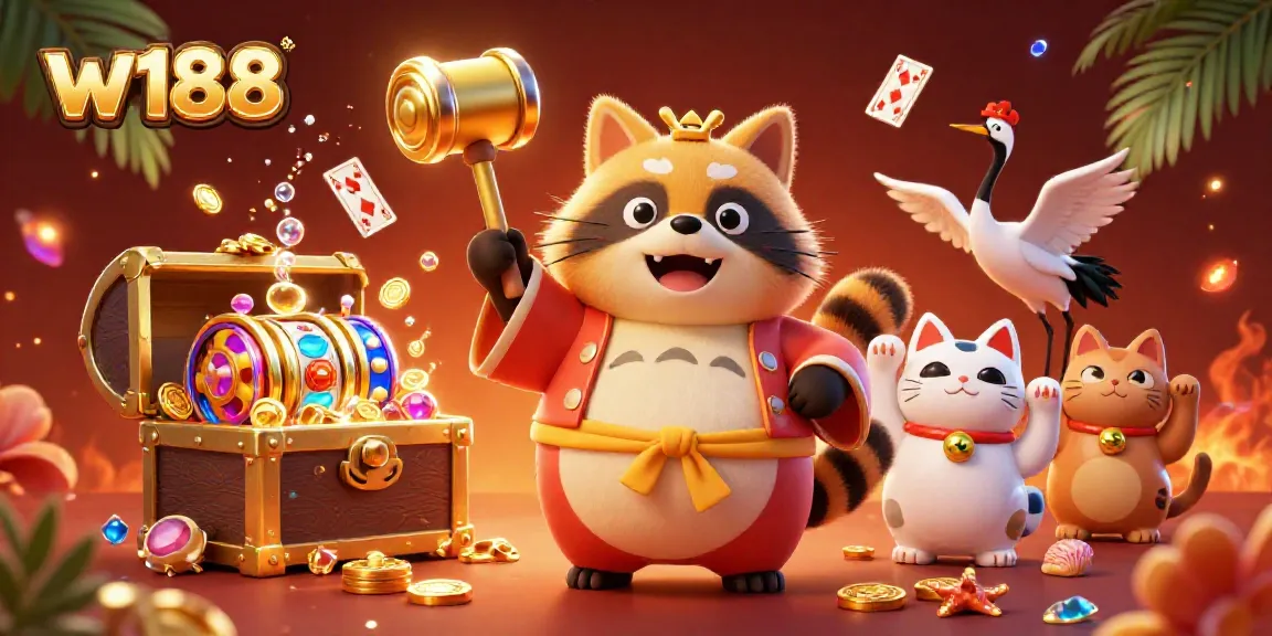 Experience thrilling wins with w188 as cheerful tanuki and friends celebrate victorious casino moments.