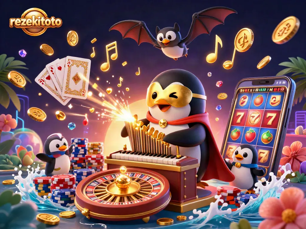 Experience the excitement of rezekitoto with a 3D animated casino scene featuring vibrant slot machine visuals.