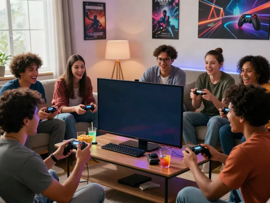 Friends enjoying gaming together on kilat404 platform, vibrant living room setting.