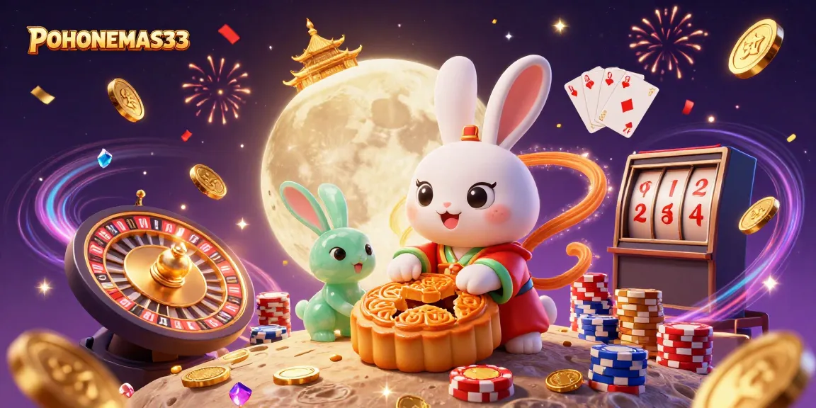 Permainan seru di POHONEMAS33, kelinci bulan tradisional dengan koin emas dan chip poker.