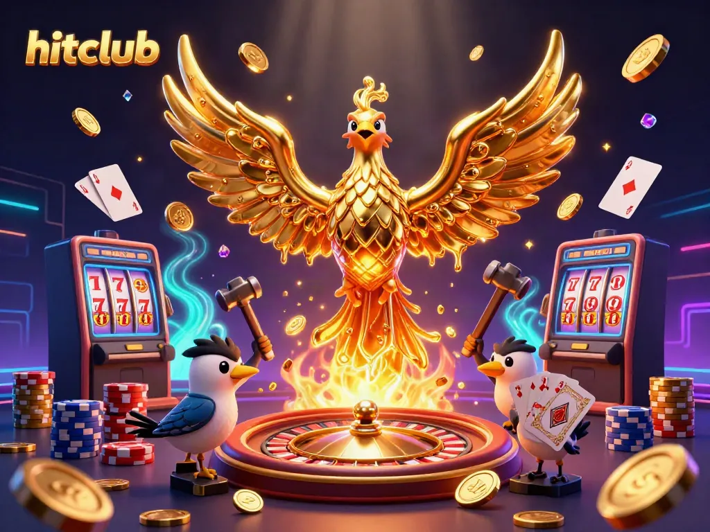 Win big with hitclub: a dynamic 3D scene featuring a golden phoenix, coins, and casino elements.