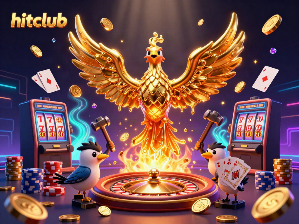 Win big with hitclub: a dynamic 3D scene featuring a golden phoenix, coins, and casino elements.