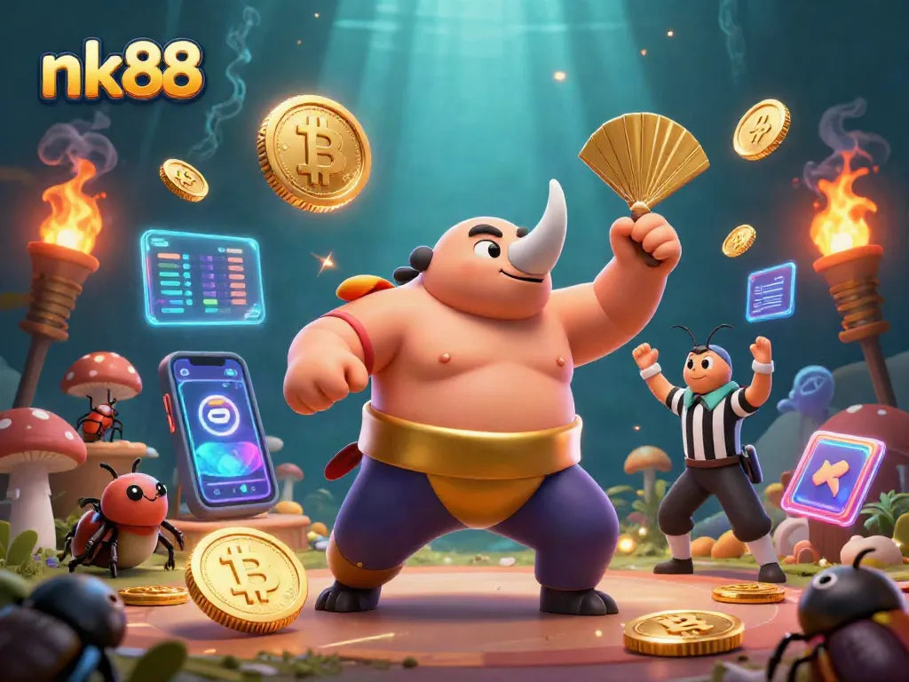 nk88 engages in thrilling gameplay as a sumo beetle champion causes a rain of golden coins.
