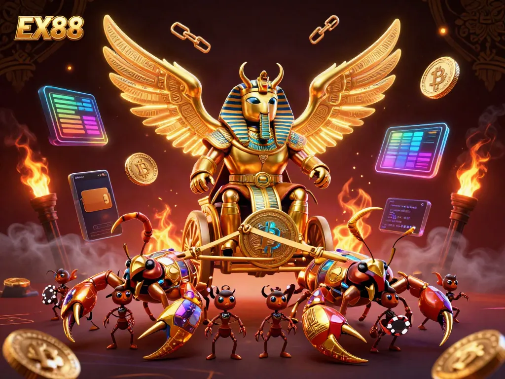 Experience the thrill of EX88 with a golden scarab beetle in a dynamic casino-themed scene.
