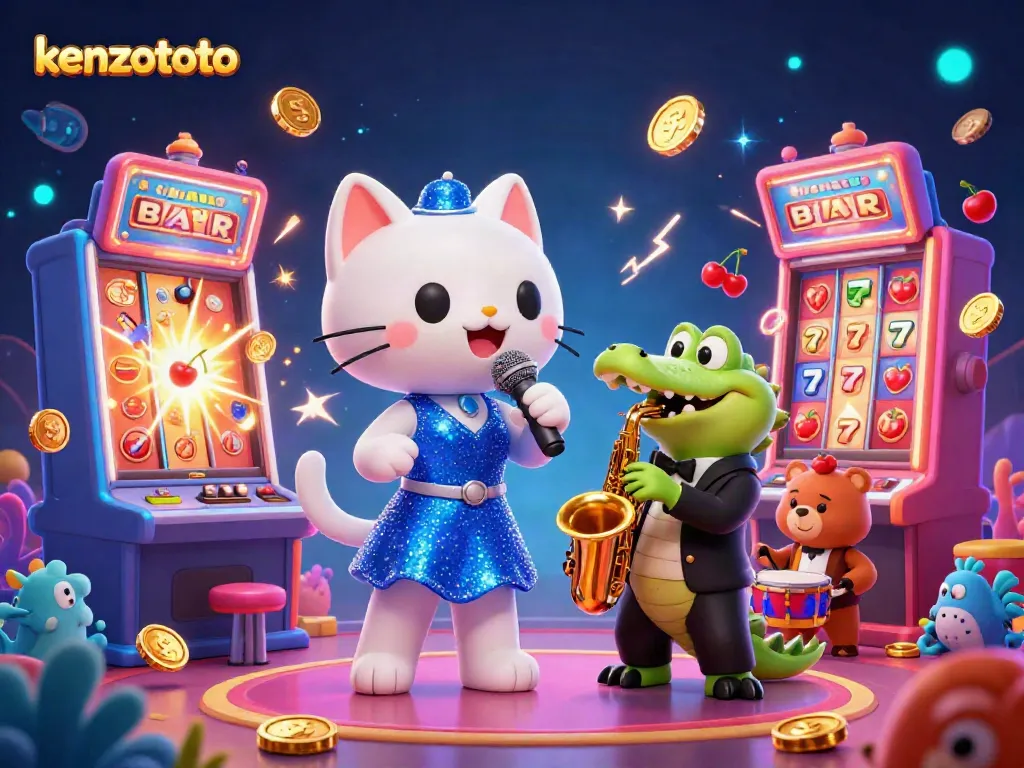 Kenzototo vibrant illustration showcasing a jazz-singer cat, crocodile, and bear cub in a casino setting.