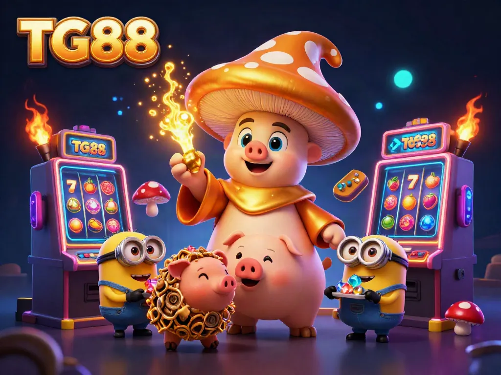 Engage in thrilling gameplay at TG88, featuring a vibrant 3D scene with a golden wizard and slot machines.
