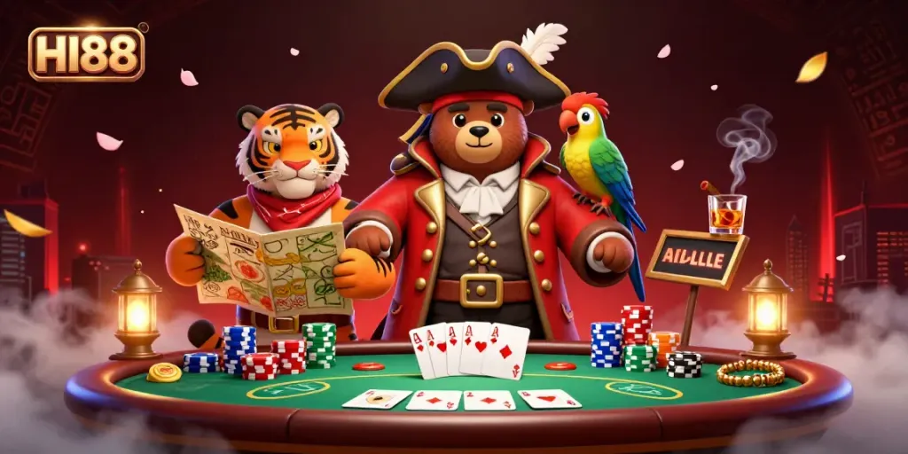 Experience the thrill of HI88 with an engaging poker scene featuring dynamic characters and elements.