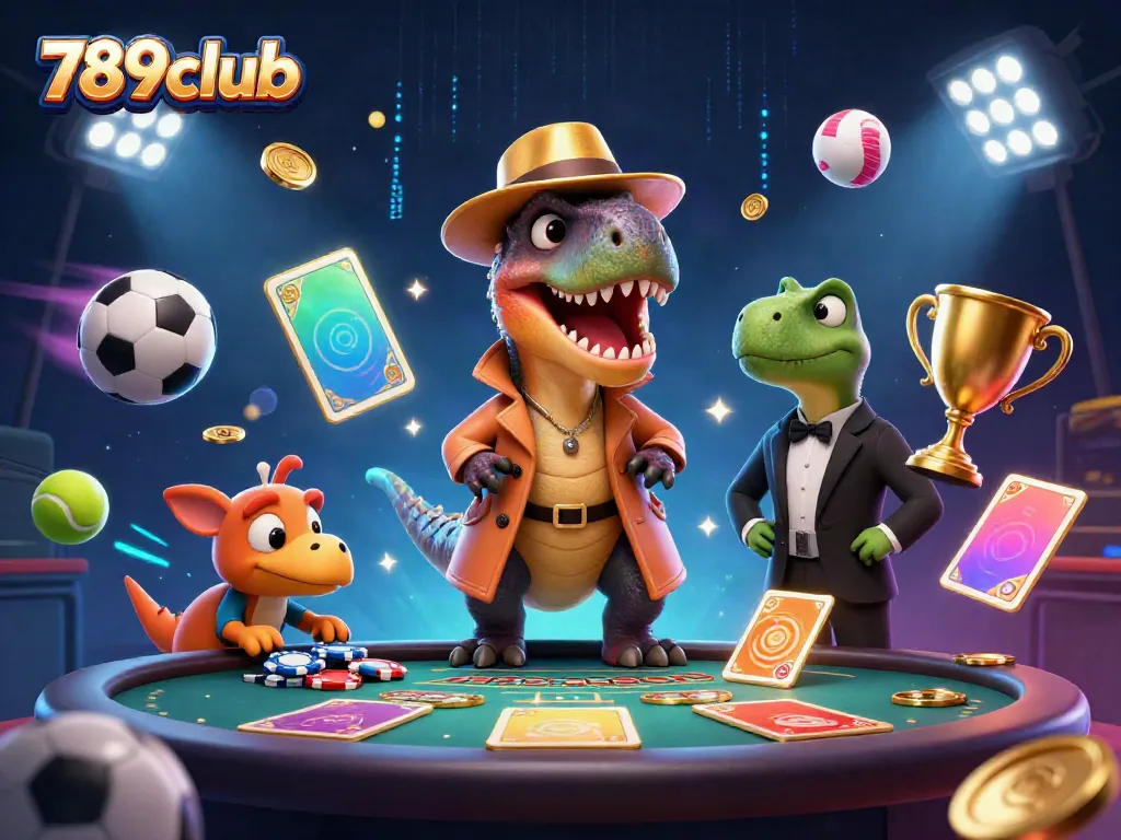 Watch a velociraptor card counter at 789club engaging in a thrilling blackjack game surrounded by flying sports elements.