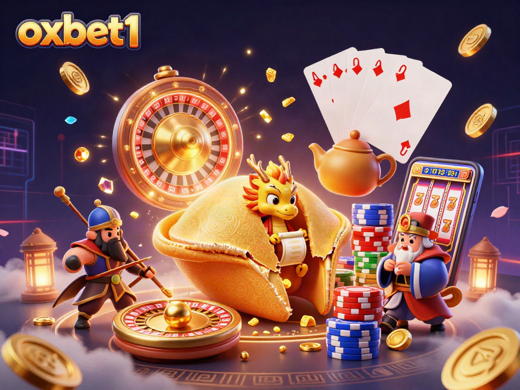 Experience excitement with oxbet1 in a vibrant casino-themed 3D illustration featuring dynamic game elements.