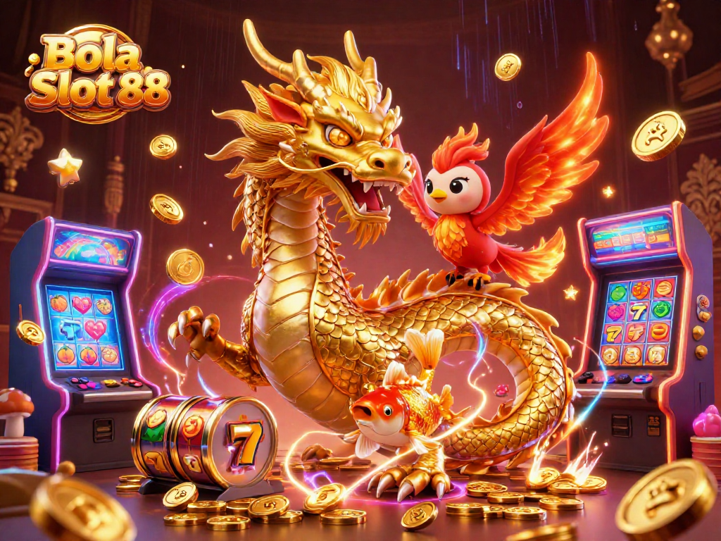 Bola Slot 88 showcases a fierce dragon and phoenix amid slot game elements, enticing players with vibrant casino art.