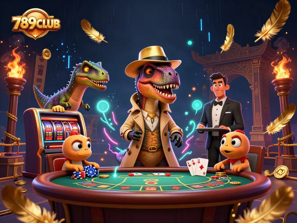 Experience thrilling gameplay at 789CLUB with a velociraptor card counter at a blackjack table.