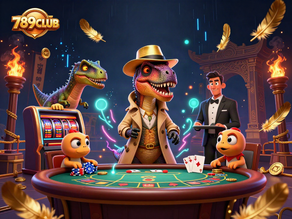 Experience thrilling gameplay at 789CLUB with a velociraptor card counter at a blackjack table.