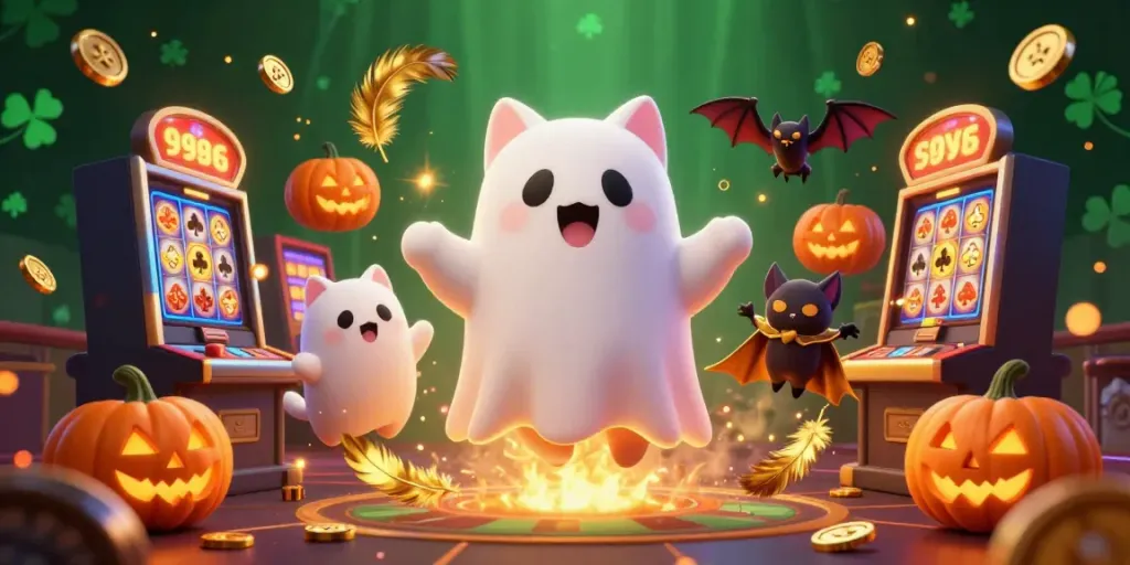 Experience the thrill of pokies996 with our vibrant casino scene featuring a ghost cat and a vampire bat.