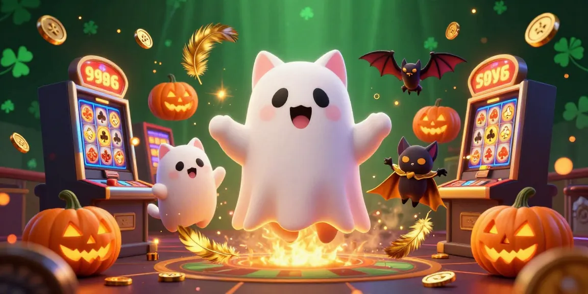 Experience the thrill of pokies996 with our vibrant casino scene featuring a ghost cat and a vampire bat.