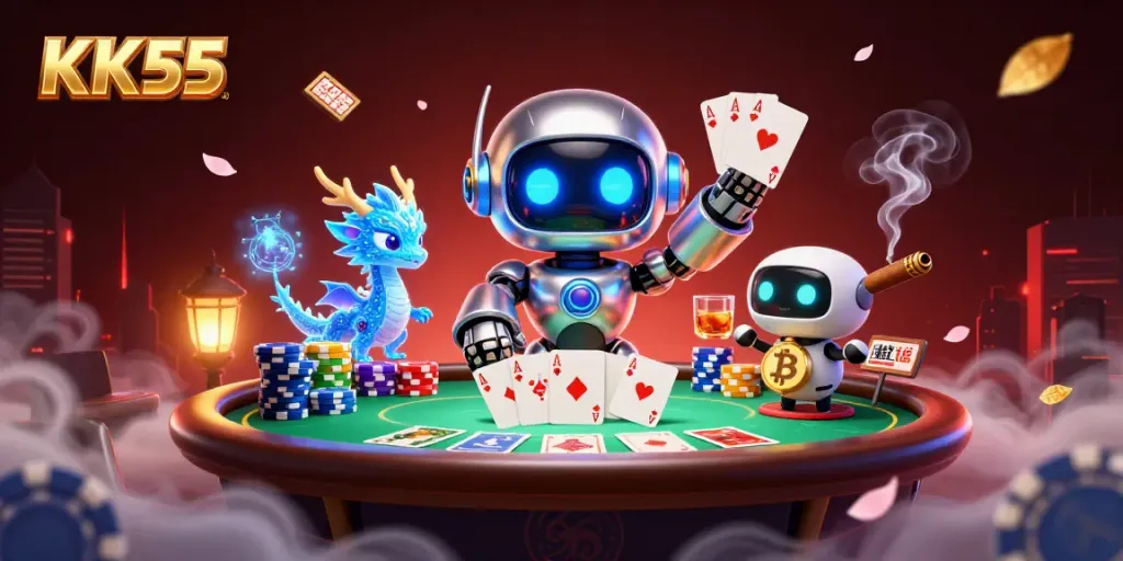 Engage in awesome gaming with KK55's vibrant casino atmosphere, showcasing a cyberpunk mascot.