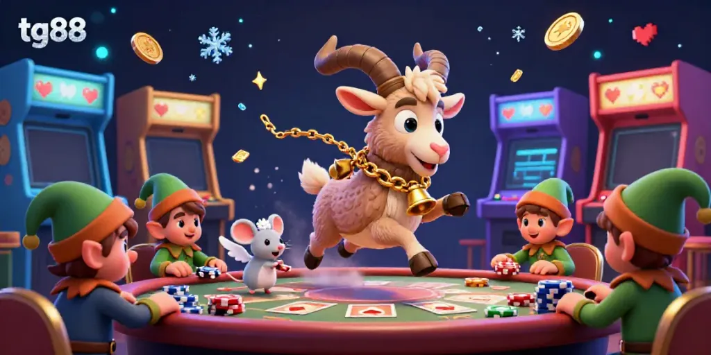 Tg88 presents a lively casino scene with a Krampus goat managing games while gremlins steal chips amidst colorful arcade machines.