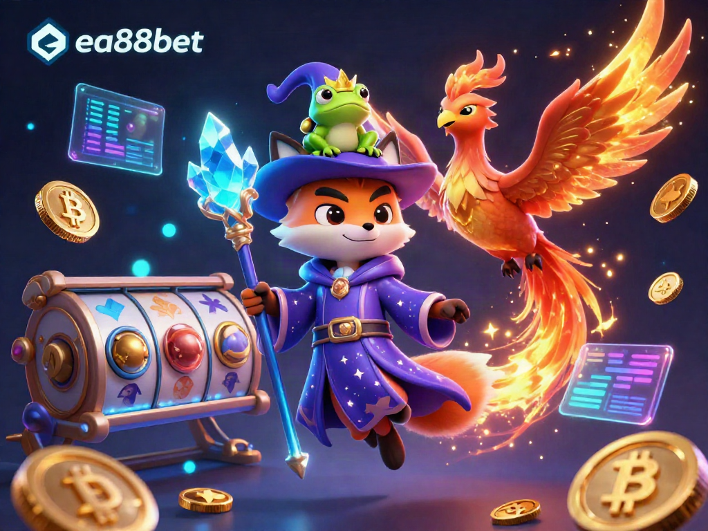 Engage with ea88bet's vibrant gaming scene featuring a mystical fox wizard and dynamic casino elements.