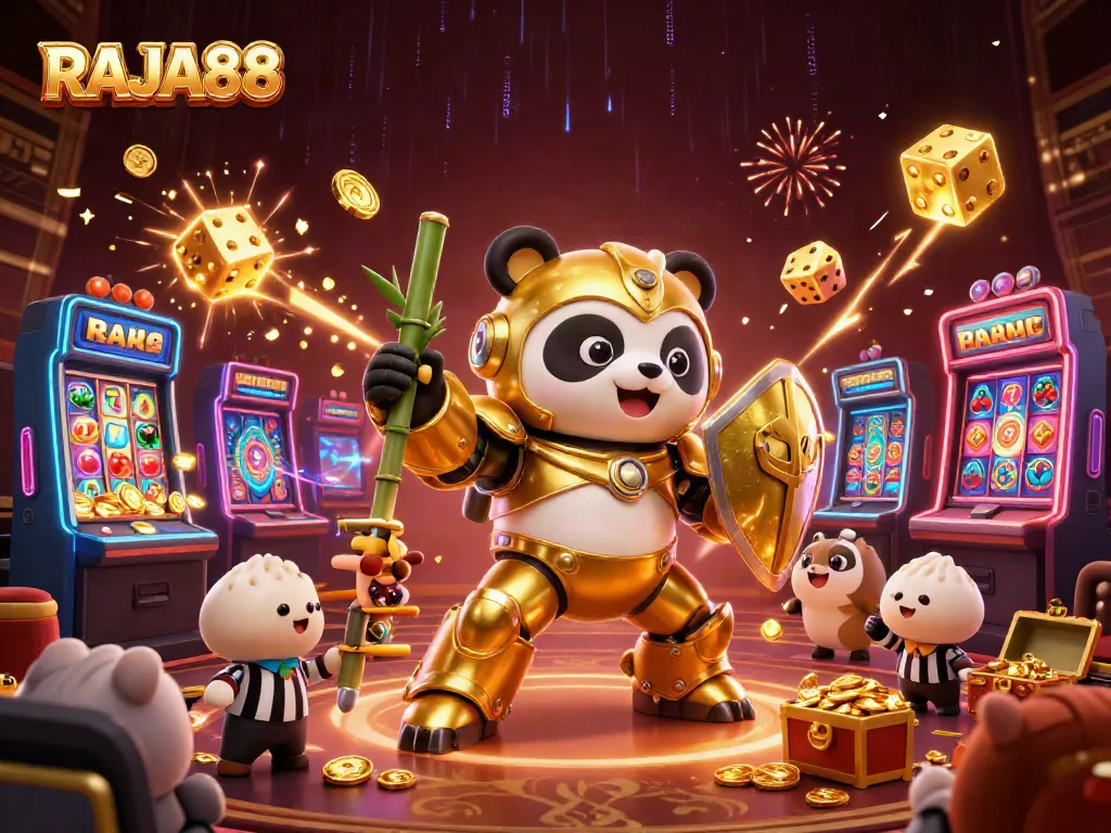 RAJA88 slot scene with a golden panda robot, jackpot symbols, and vibrant casino elements.