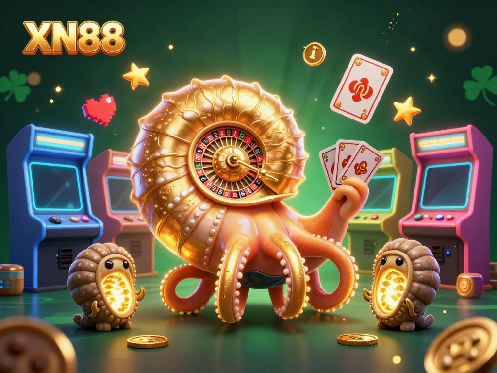 Experience thrilling gameplay with XN88 featuring a giant nautilus roulette wheel and glowing arcade elements.