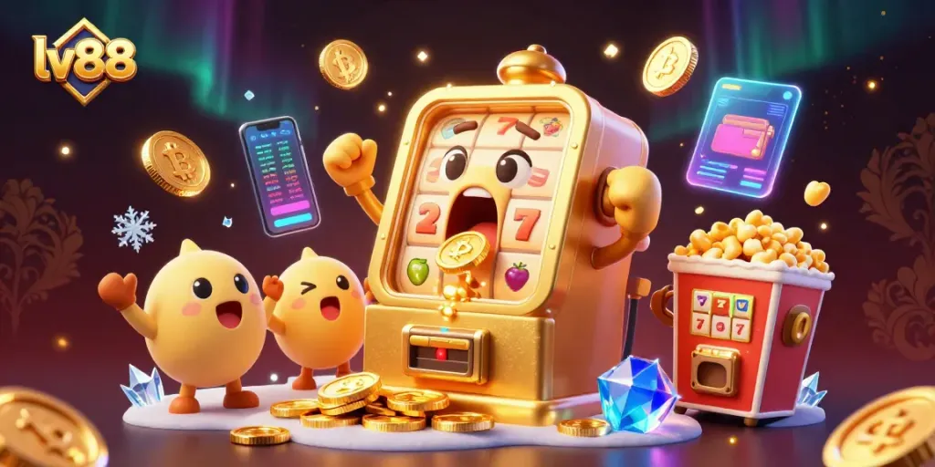Spin the reels with lv88's golden slot machine celebrating a jackpot amidst golden coins and crypto elements.