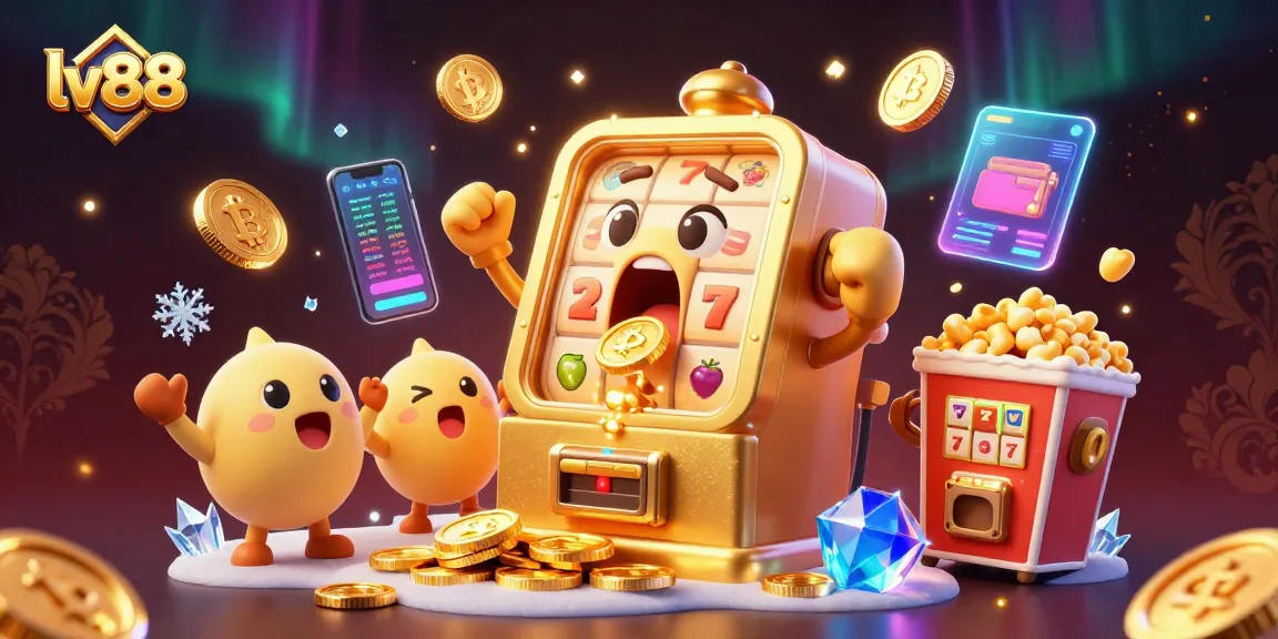 Spin the reels with lv88's golden slot machine celebrating a jackpot amidst golden coins and crypto elements.