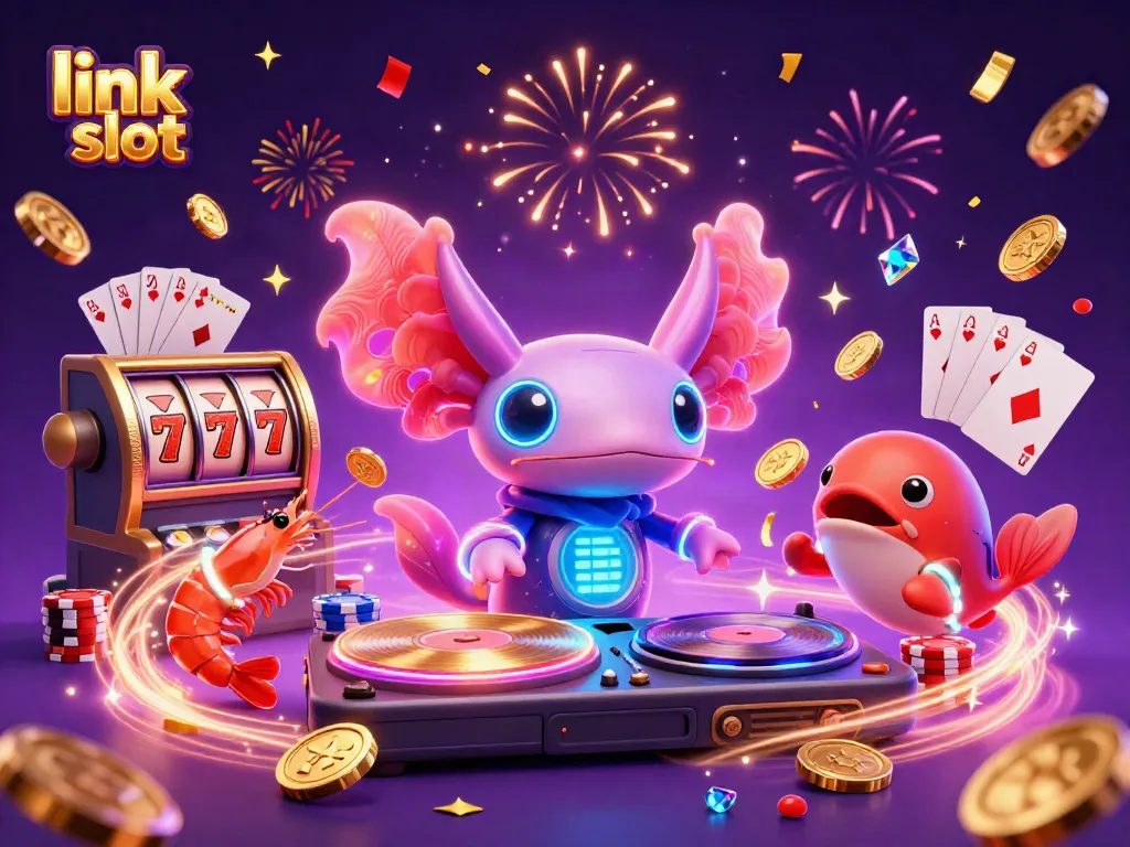 Experience thrilling link slot action with vibrant characters and casino elements in this dynamic scene.