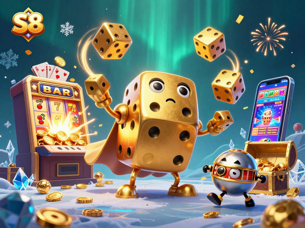 Experience epic gaming fun with S8, featuring a colorful casino scene with golden dice, slots, and a roulette-ball!