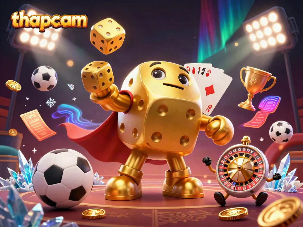Thapcam showcases a golden dice golem juggling smaller dice, surrounded by vibrant sports elements and dynamic lighting.