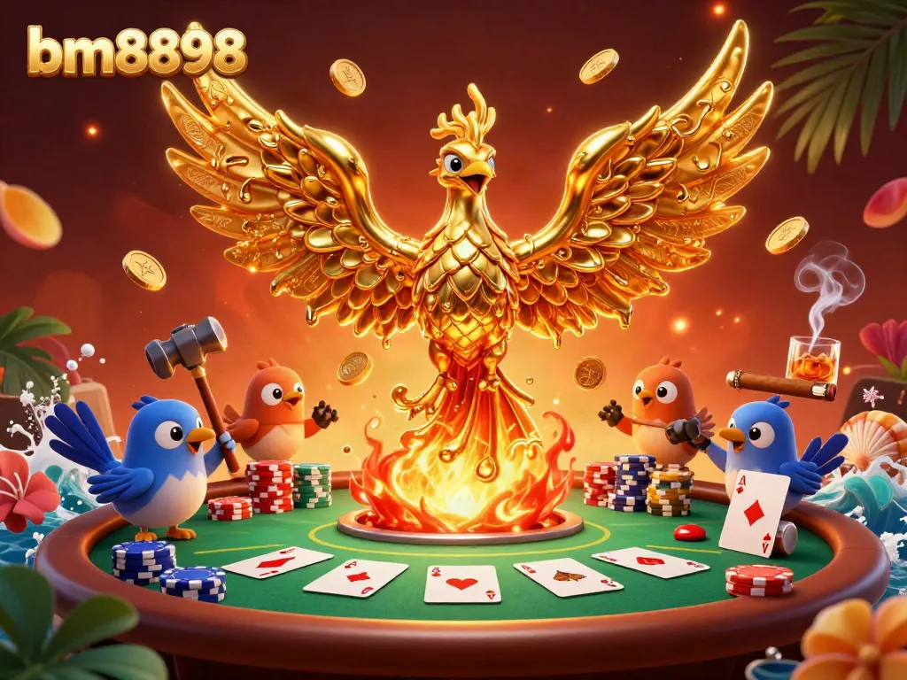 Bet on your fortune with bm8898 as a molten golden phoenix rises amidst dynamic poker elements.