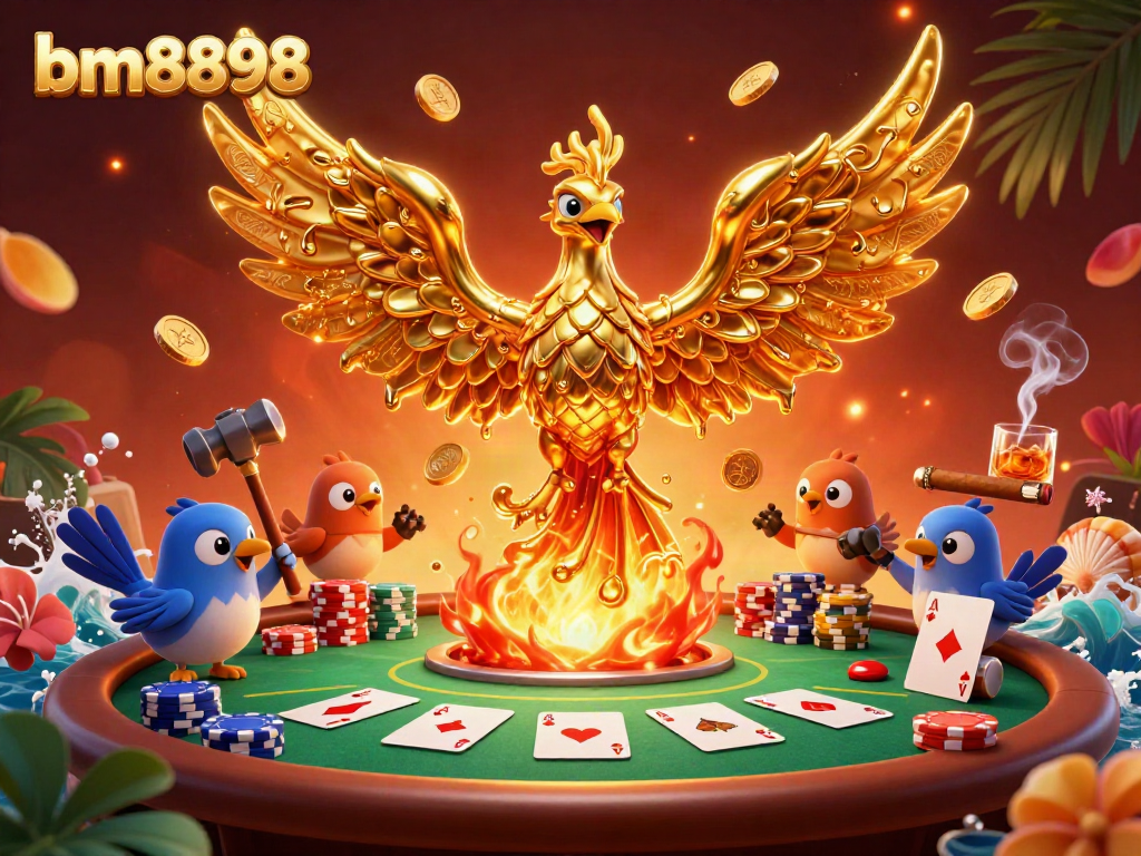 Bet on your fortune with bm8898 as a molten golden phoenix rises amidst dynamic poker elements.