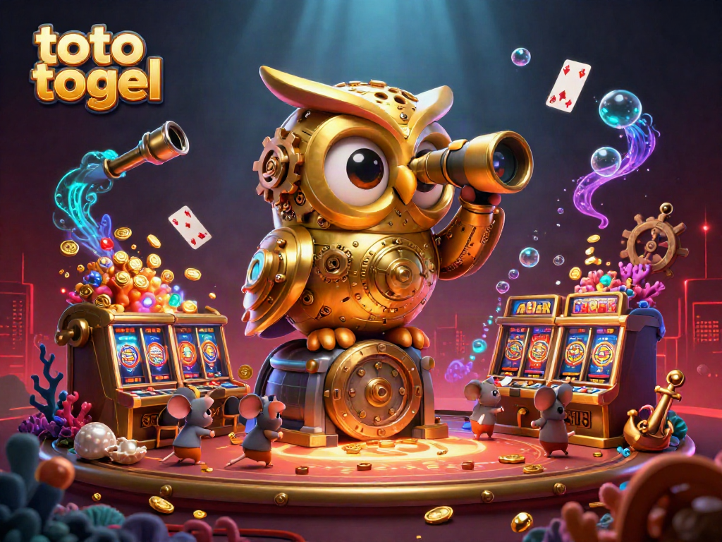 Engage with the thrilling world of toto togel through this vibrant casino scene featuring a clockwork owl and lively game elements.