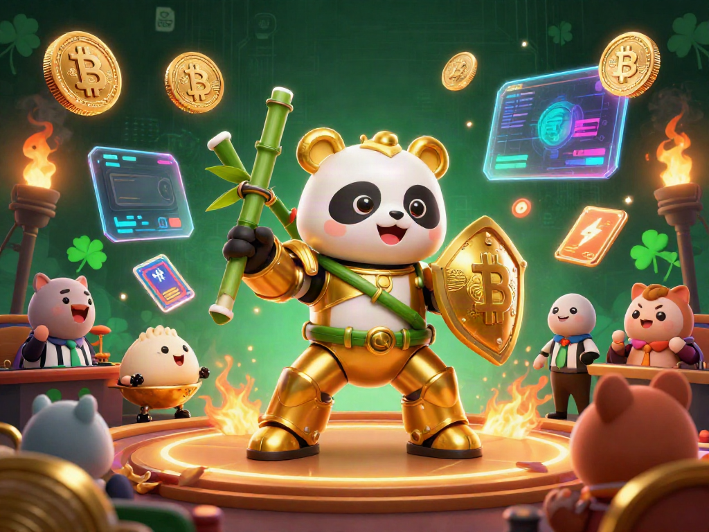 Engage with hitclub's thrilling casino adventure featuring a golden panda in a mech suit amidst sparkling crypto elements.