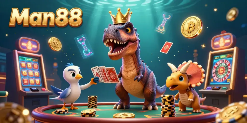 Engage in thrilling gaming with Man88, where a T-Rex and friends navigate an exciting casino environment.