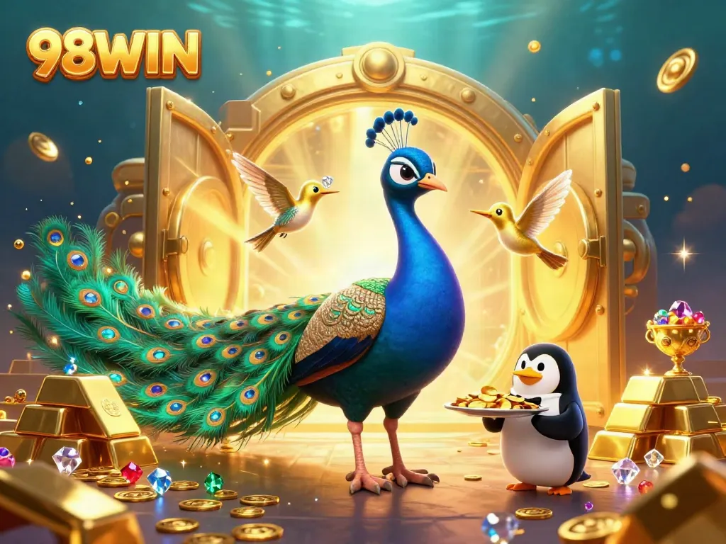 Win big at 98WIN with a vibrant casino scene featuring unique characters and treasure.