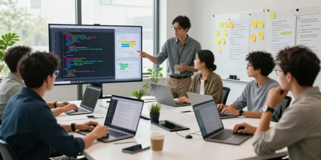Developers collaborating on pecah404 project in a modern tech workspace.