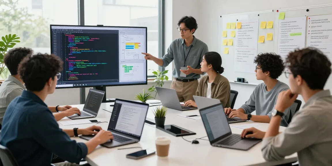 Developers collaborating on pecah404 project in a modern tech workspace.