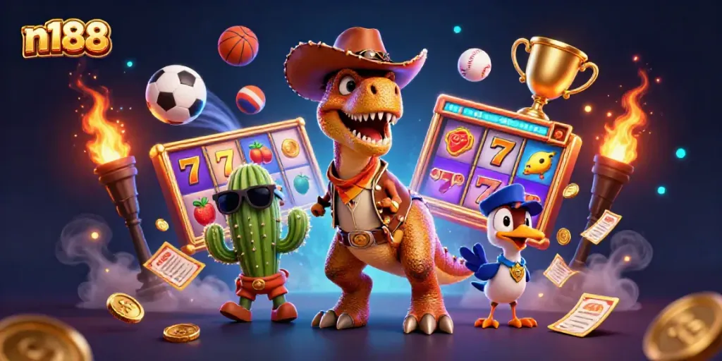 Experience electrifying gaming action with n188 amidst dynamic 3D illustrations of jackpots and sports elements.