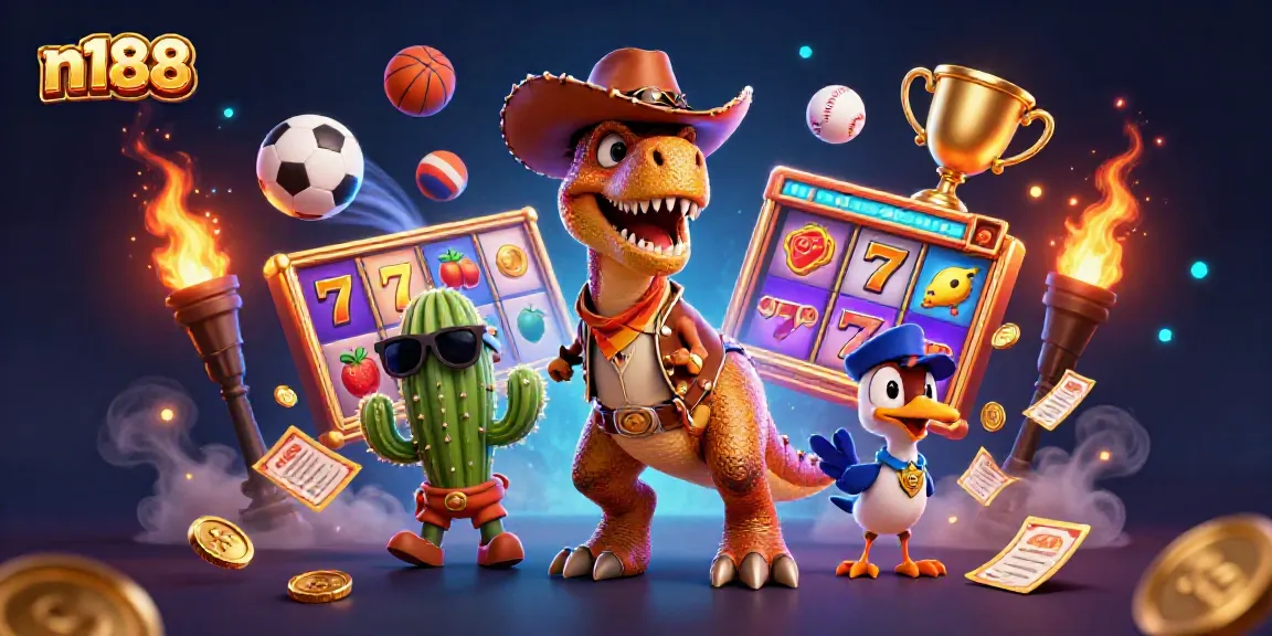 Experience electrifying gaming action with n188 amidst dynamic 3D illustrations of jackpots and sports elements.
