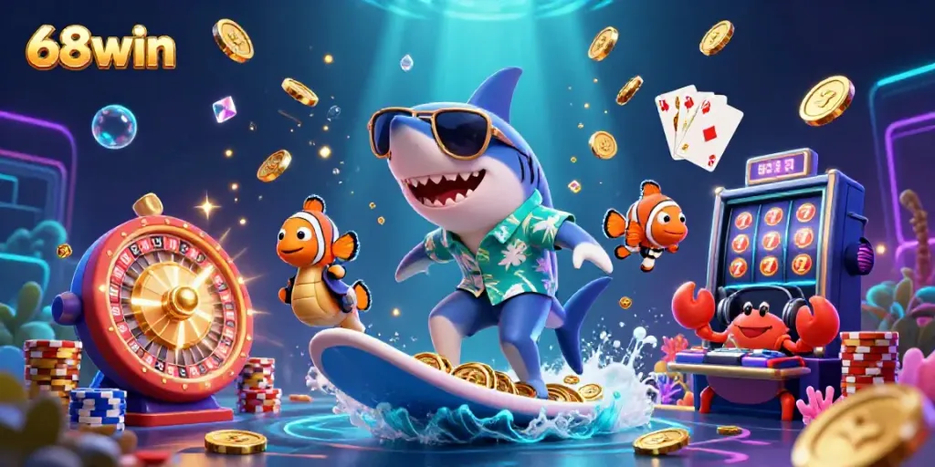 Play the exciting games at 68win with vibrant characters celebrating around golden coins.