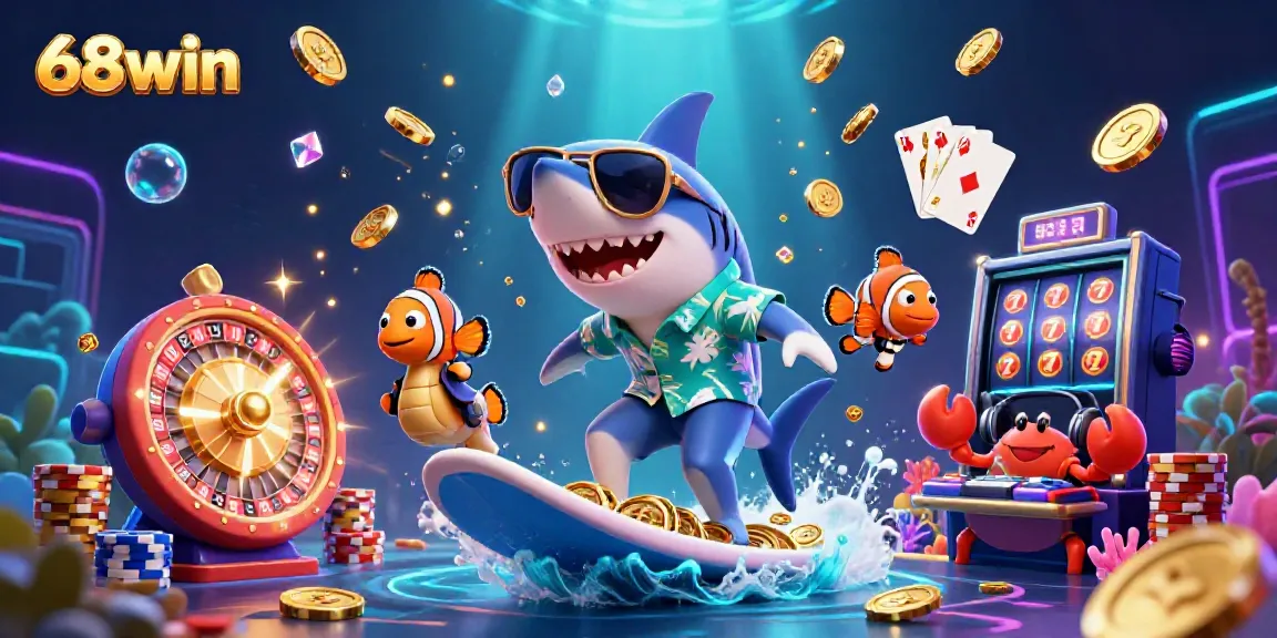 Play the exciting games at 68win with vibrant characters celebrating around golden coins.