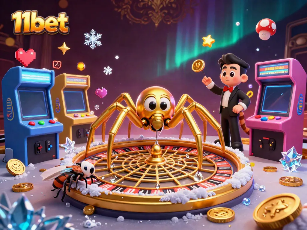 Engage with 11bet as a golden spider spins a roulette wheel web, highlighting the thrill of gaming.